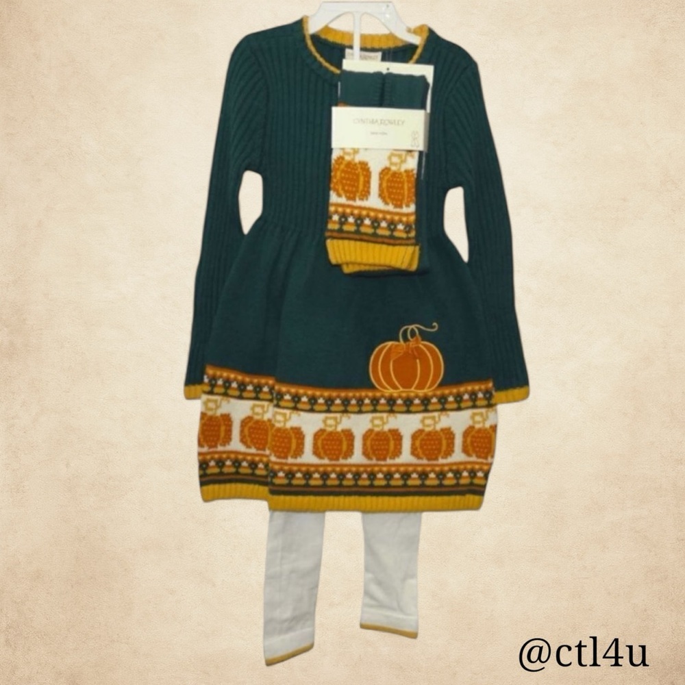 NWT Cynthia Rowley Girls Pumpkin Sweater Dress Scarf Tights Set | Fall S(5/6)
